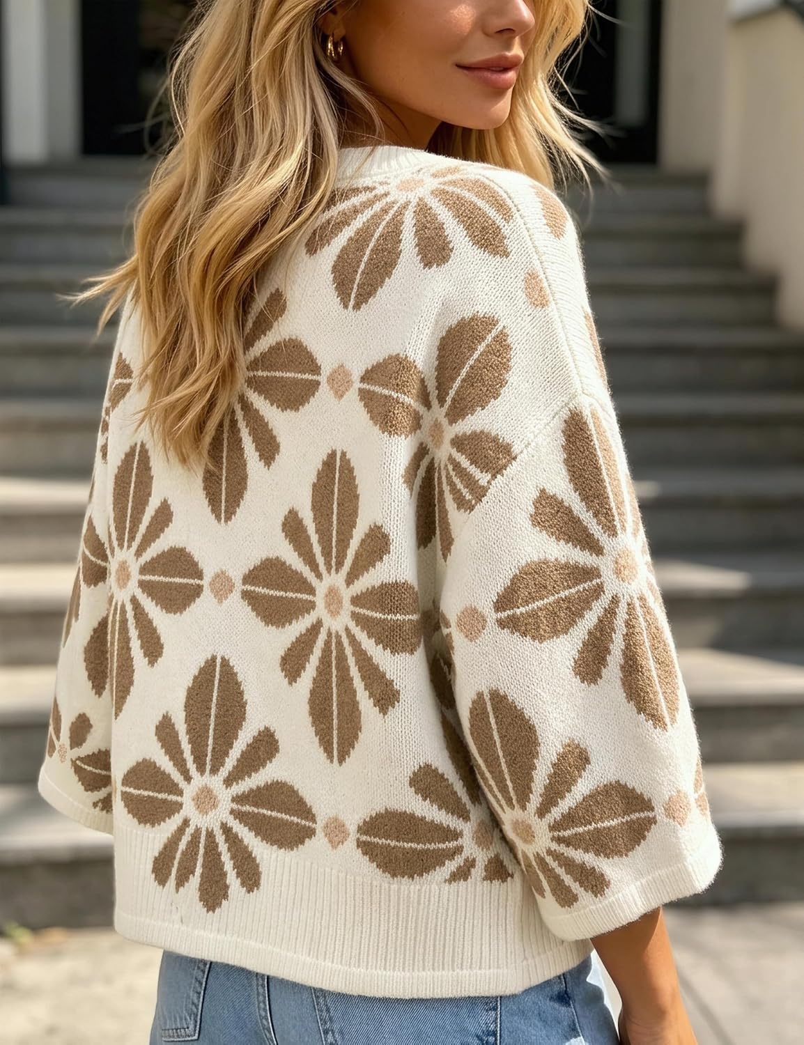 image:imageSpringrain Womens Floral Knit Cardigans 34 Sleeve Button Down SweaterKhaki