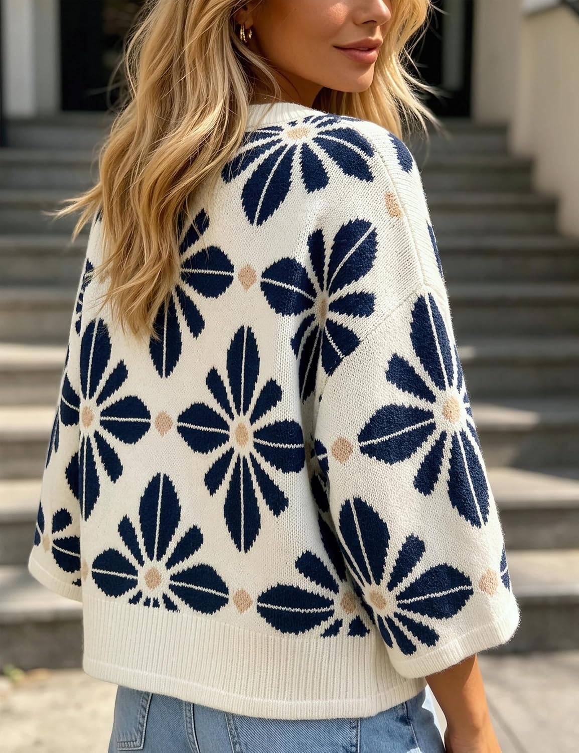 image:imageSpringrain Womens Floral Knit Cardigans 34 Sleeve Button Down SweaterNavy