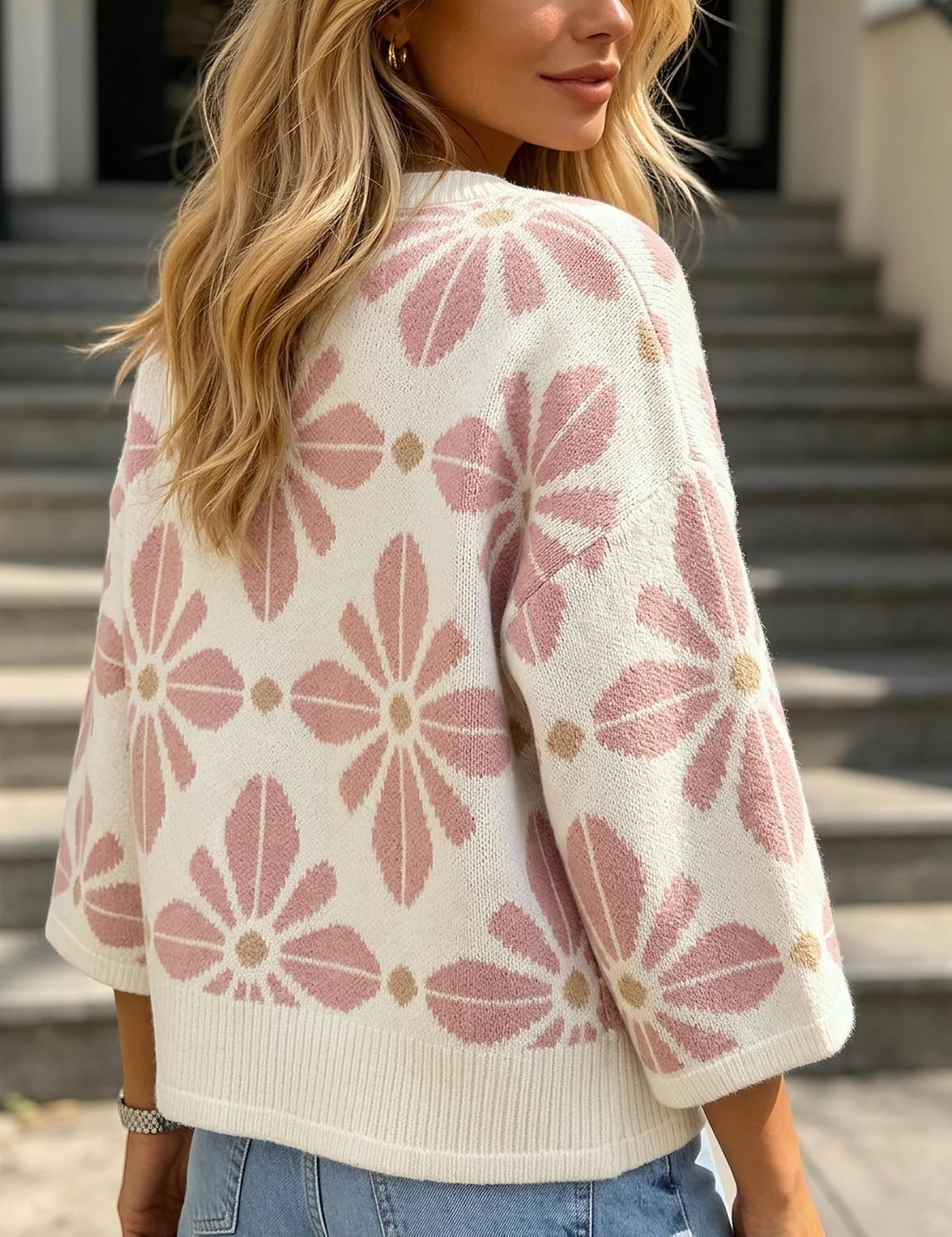 image:imageSpringrain Womens Floral Knit Cardigans 34 Sleeve Button Down SweaterPink
