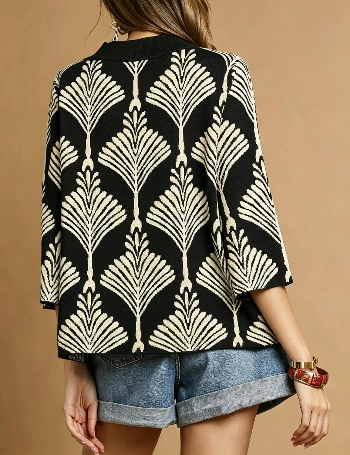 image:imageSpringrain Womens Floral Sweater 34 Sleeve Mock Neck Knit PulloverBlack
