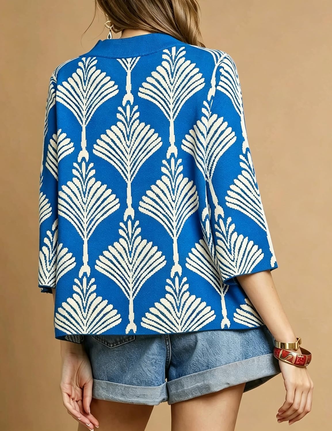 image:imageSpringrain Womens Floral Sweater 34 Sleeve Mock Neck Knit PulloverBlue