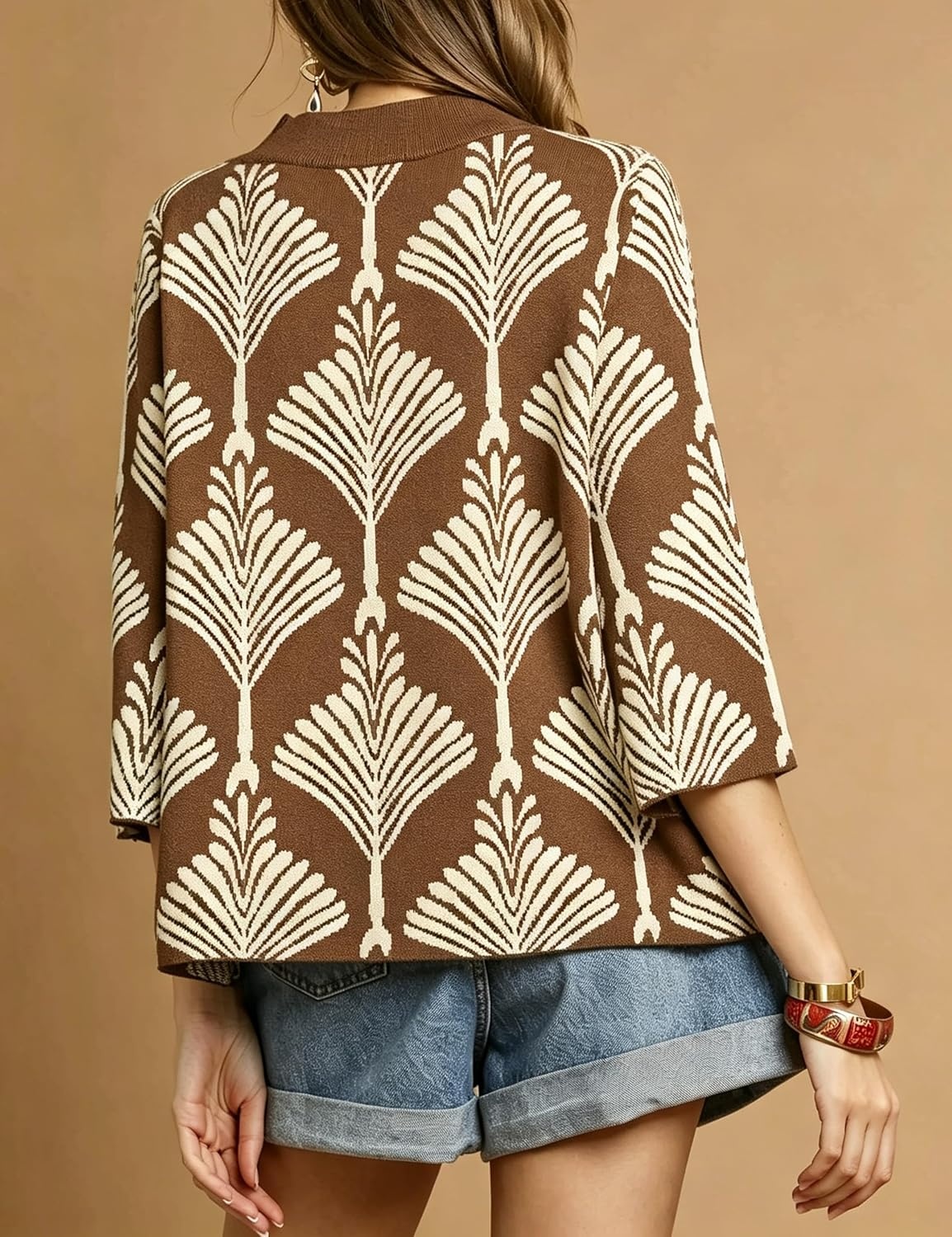 image:imageSpringrain Womens Floral Sweater 34 Sleeve Mock Neck Knit PulloverBrown