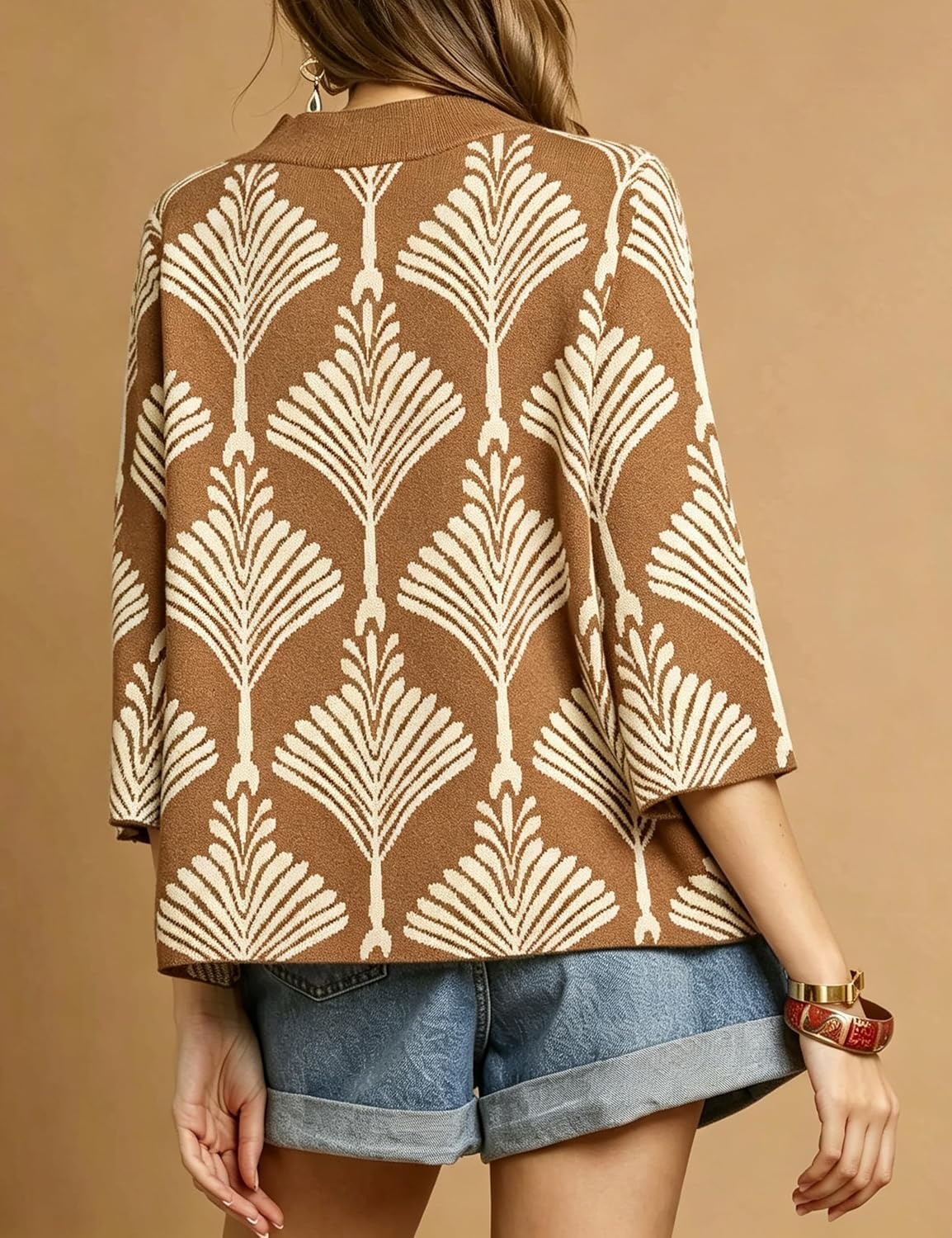 image:imageSpringrain Womens Floral Sweater 34 Sleeve Mock Neck Knit PulloverCaramel