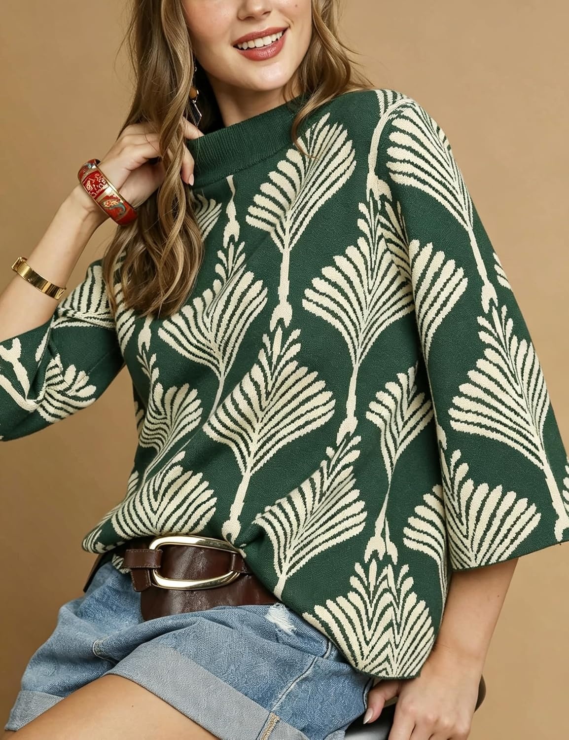 image:imageSpringrain Womens Floral Sweater 34 Sleeve Mock Neck Knit PulloverDarkgreen