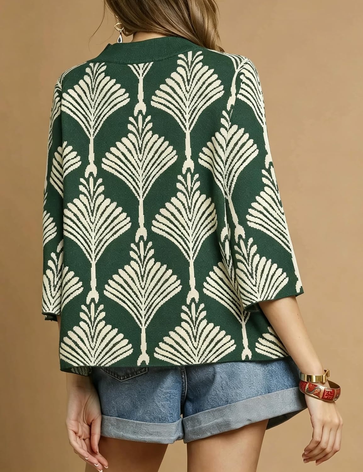 image:imageSpringrain Womens Floral Sweater 34 Sleeve Mock Neck Knit PulloverDarkgreen