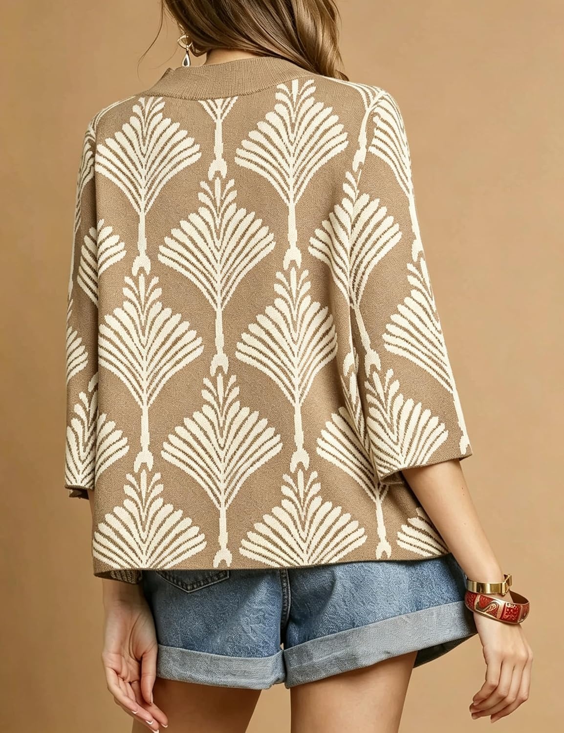 image:imageSpringrain Womens Floral Sweater 34 Sleeve Mock Neck Knit PulloverKhaki