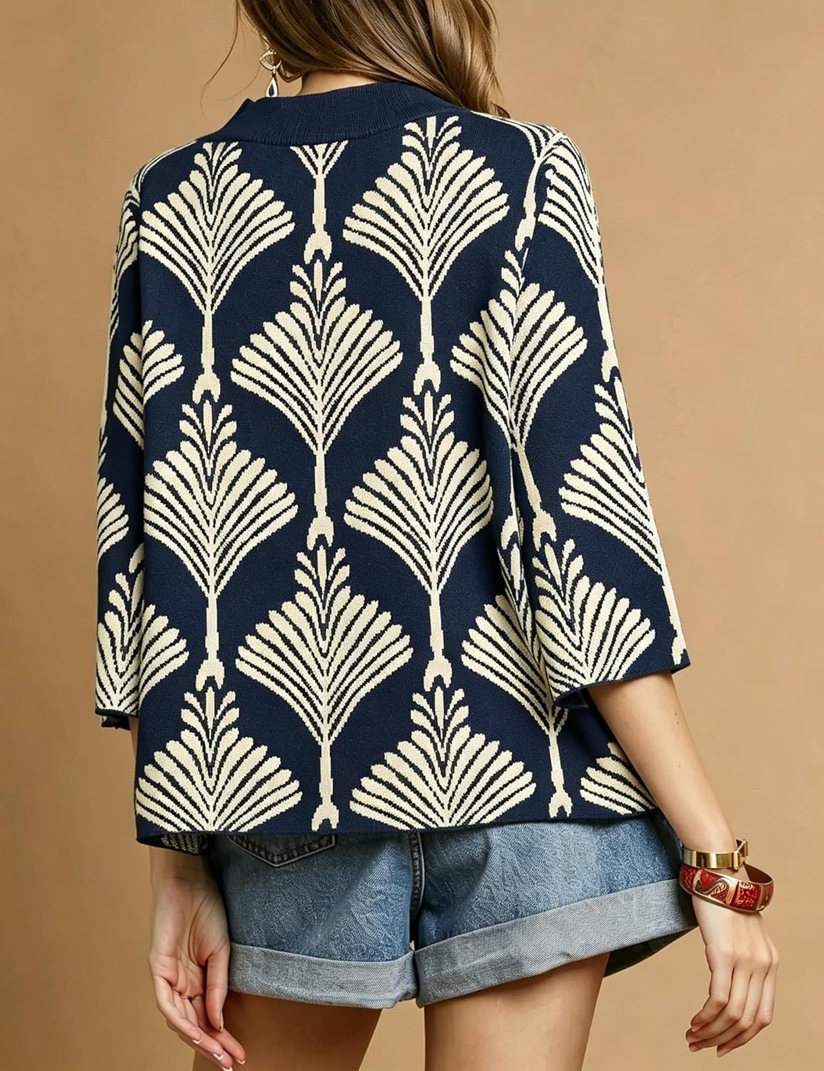 image:imageSpringrain Womens Floral Sweater 34 Sleeve Mock Neck Knit PulloverNavy