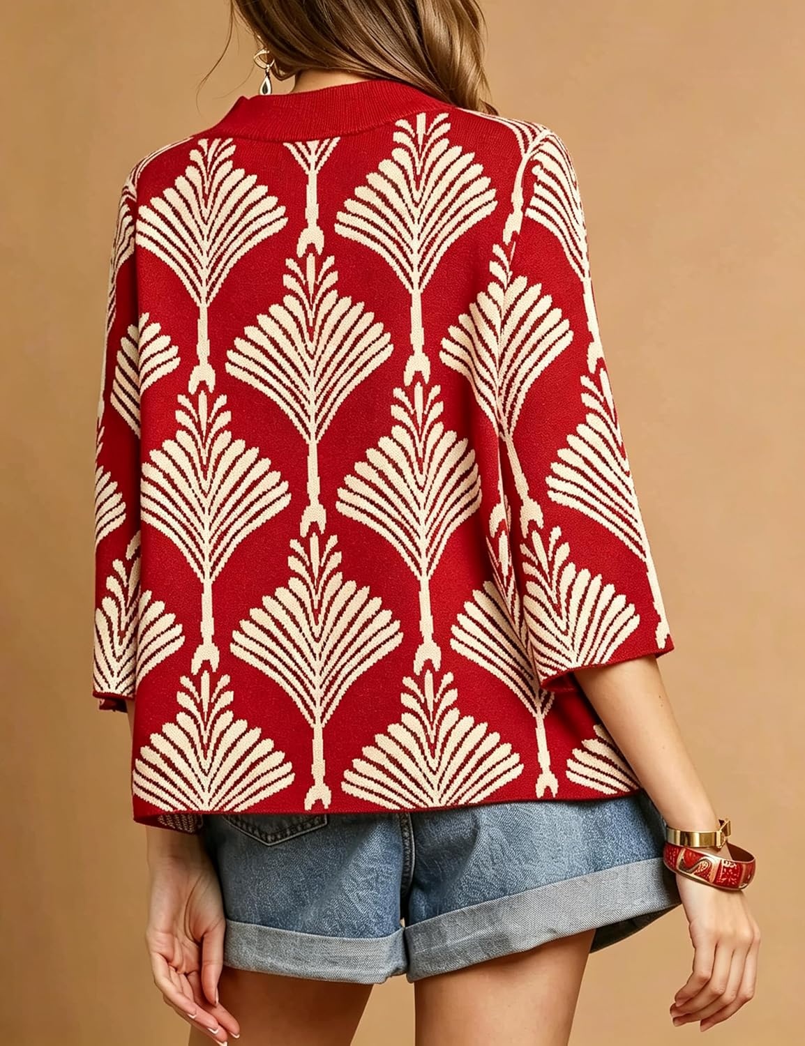 image:imageSpringrain Womens Floral Sweater 34 Sleeve Mock Neck Knit PulloverRed