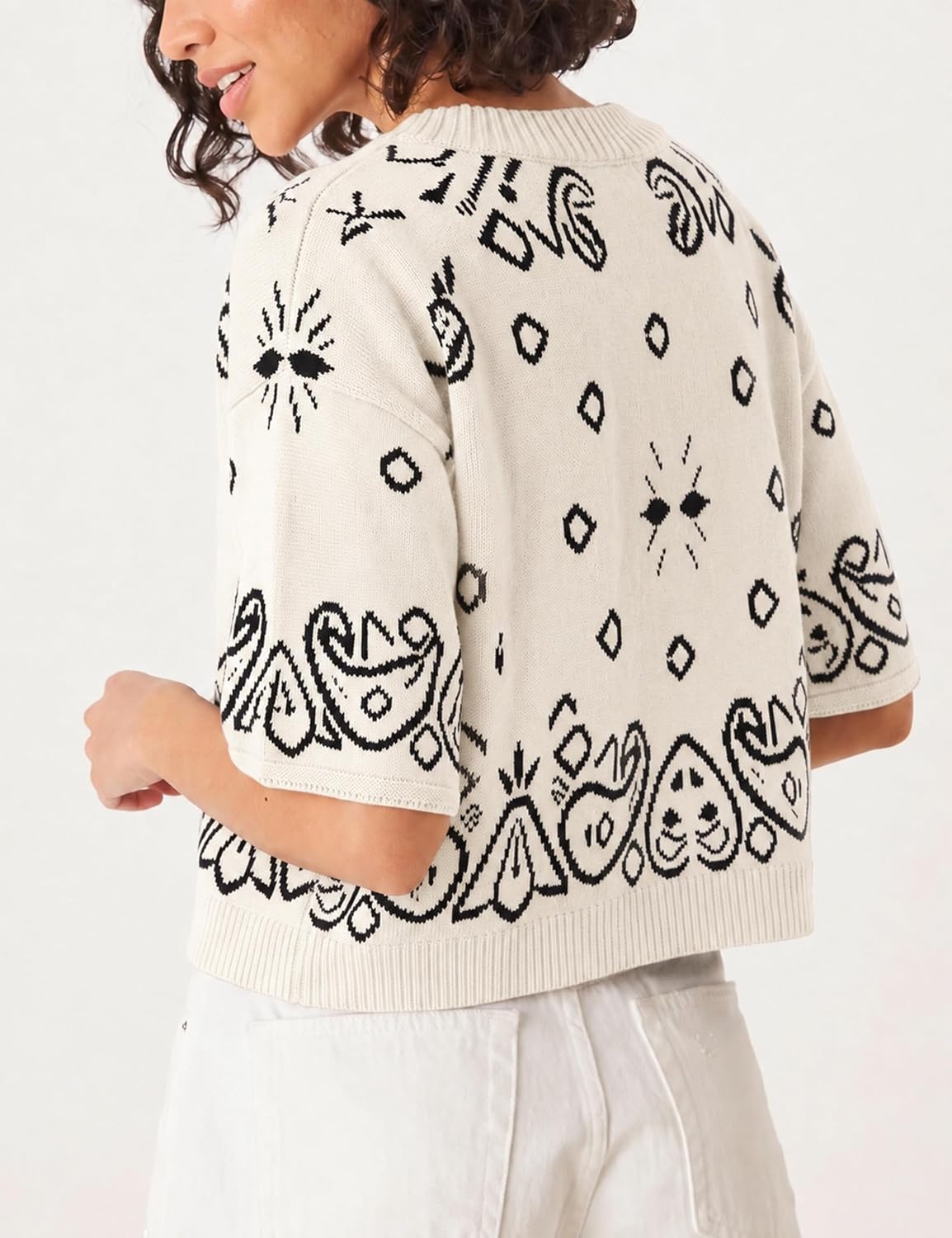 image:imageSpringrain Womens Jacquard Crewneck Knit Cardigan 34 Sleeve Fall SweaterBeige