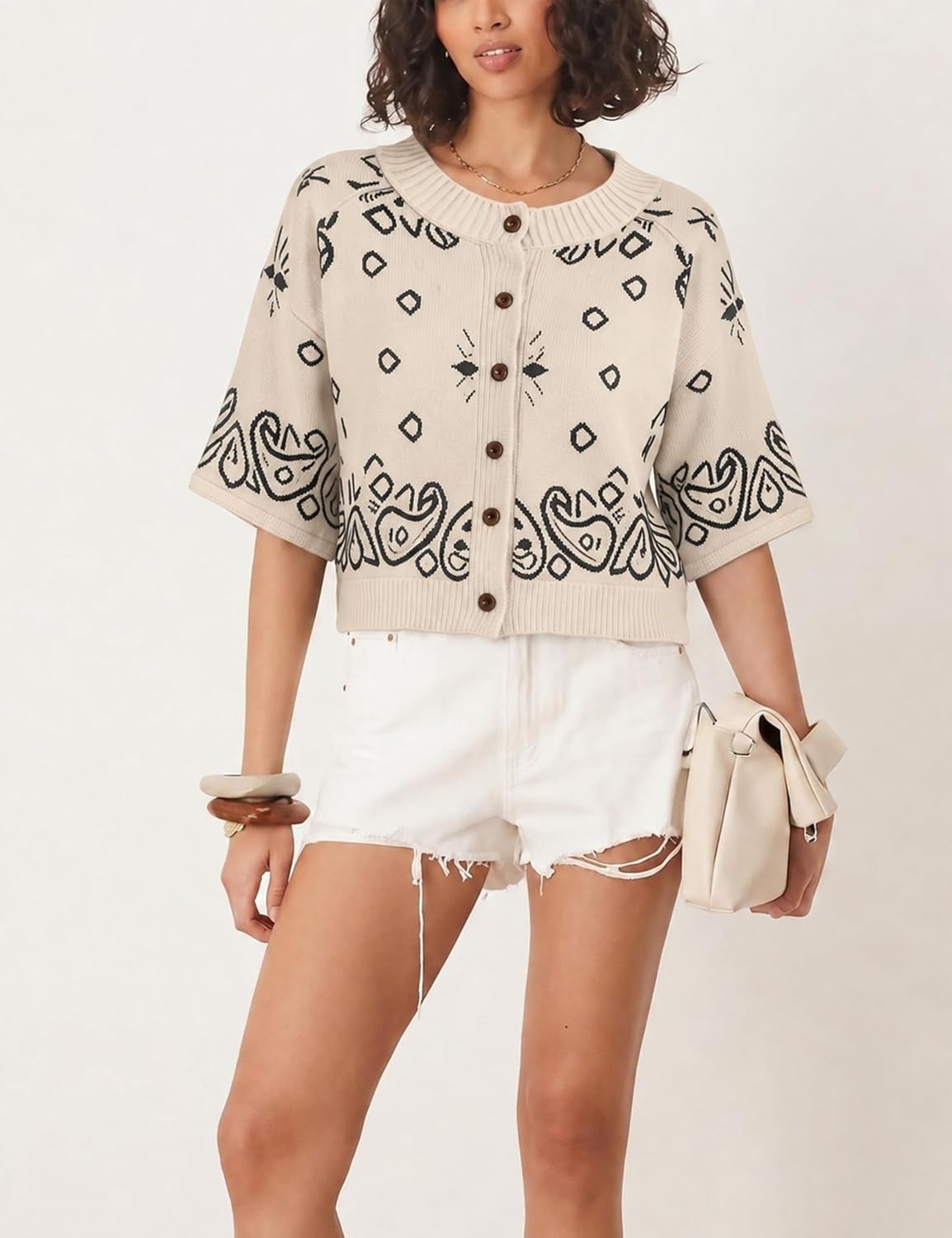 image:imageSpringrain Womens Jacquard Crewneck Knit Cardigan 34 Sleeve Fall SweaterBeige