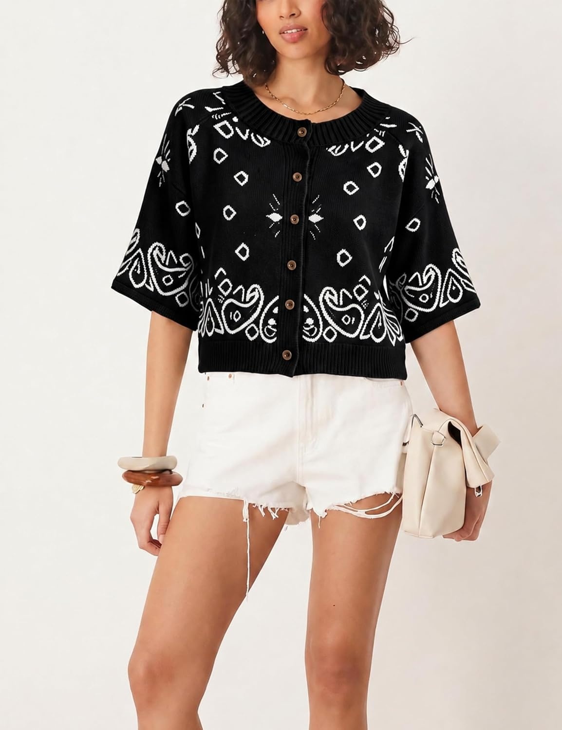 image:imageSpringrain Womens Jacquard Crewneck Knit Cardigan 34 Sleeve Fall SweaterBlack