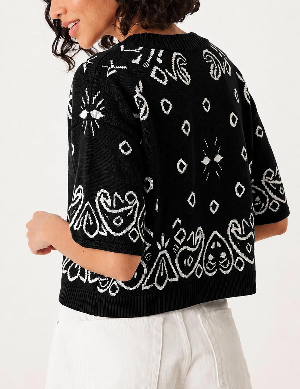 image:imageSpringrain Womens Jacquard Crewneck Knit Cardigan 34 Sleeve Fall SweaterBlack