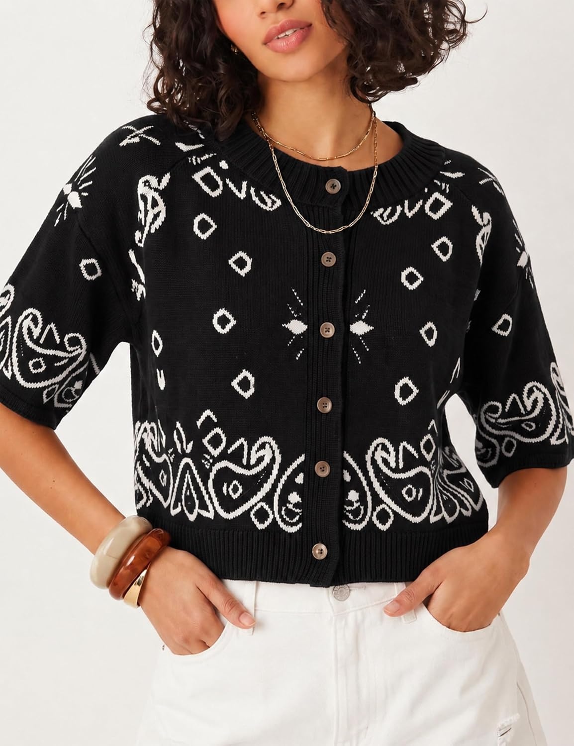 image:imageSpringrain Womens Jacquard Crewneck Knit Cardigan 34 Sleeve Fall SweaterBlack