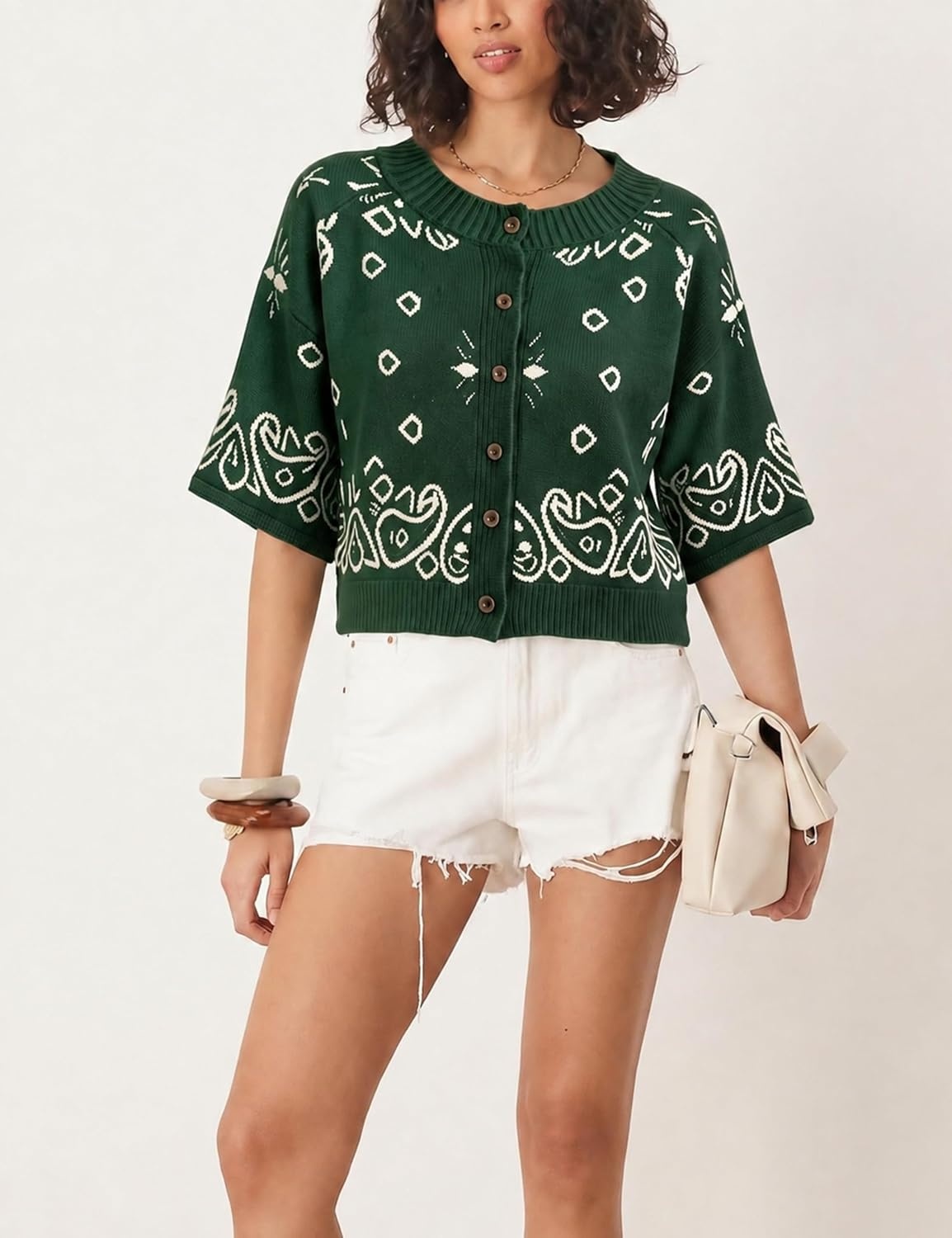 image:imageSpringrain Womens Jacquard Crewneck Knit Cardigan 34 Sleeve Fall SweaterGreen