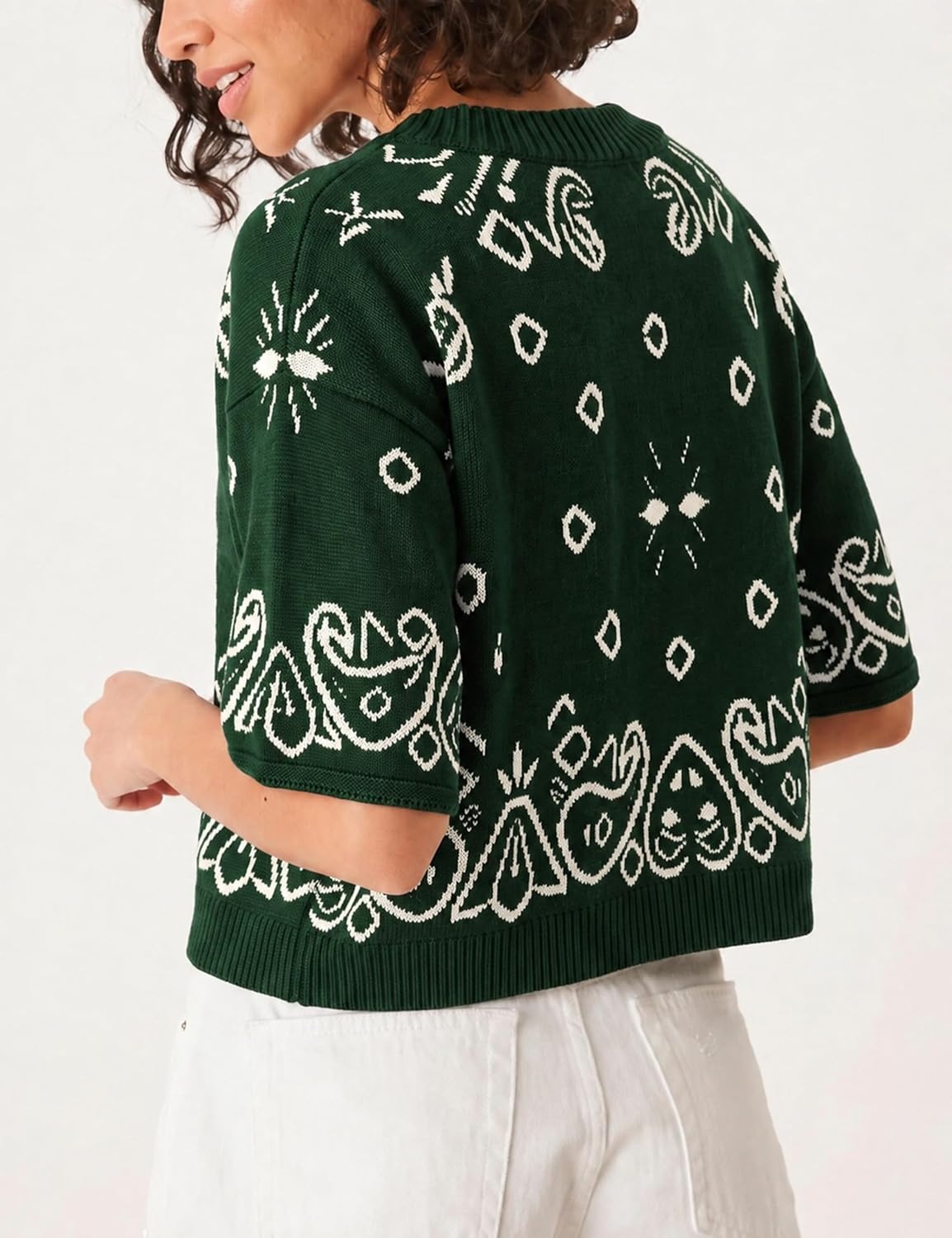 image:imageSpringrain Womens Jacquard Crewneck Knit Cardigan 34 Sleeve Fall SweaterGreen