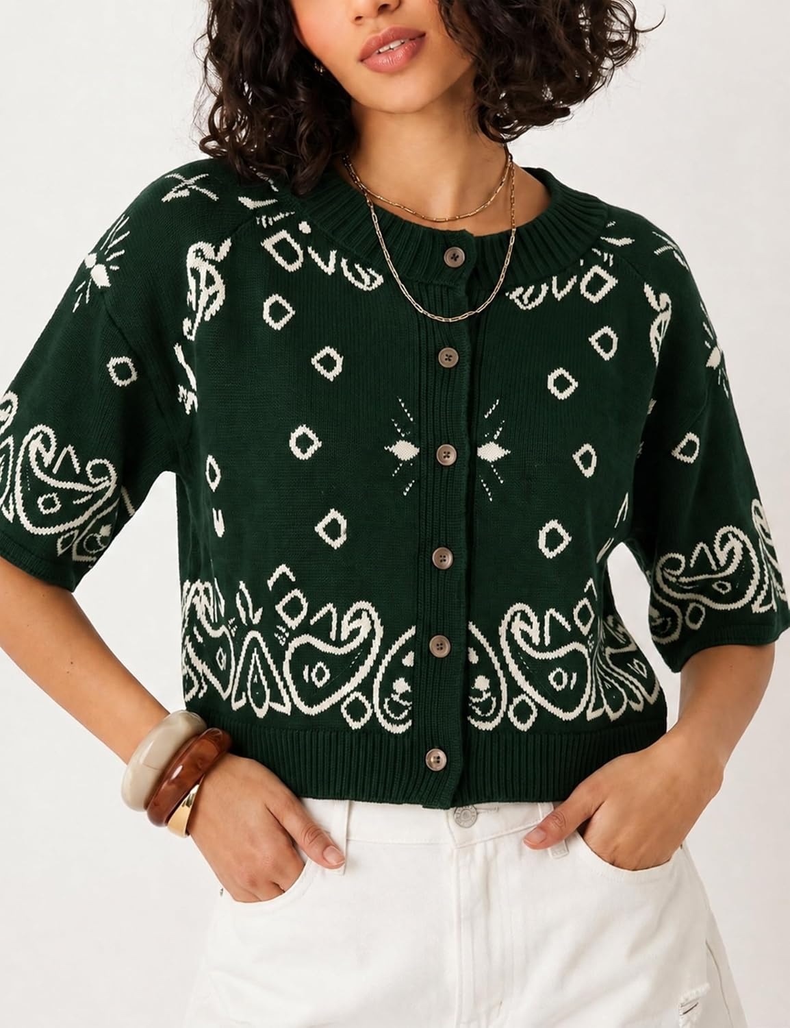 image:imageSpringrain Womens Jacquard Crewneck Knit Cardigan 34 Sleeve Fall SweaterGreen