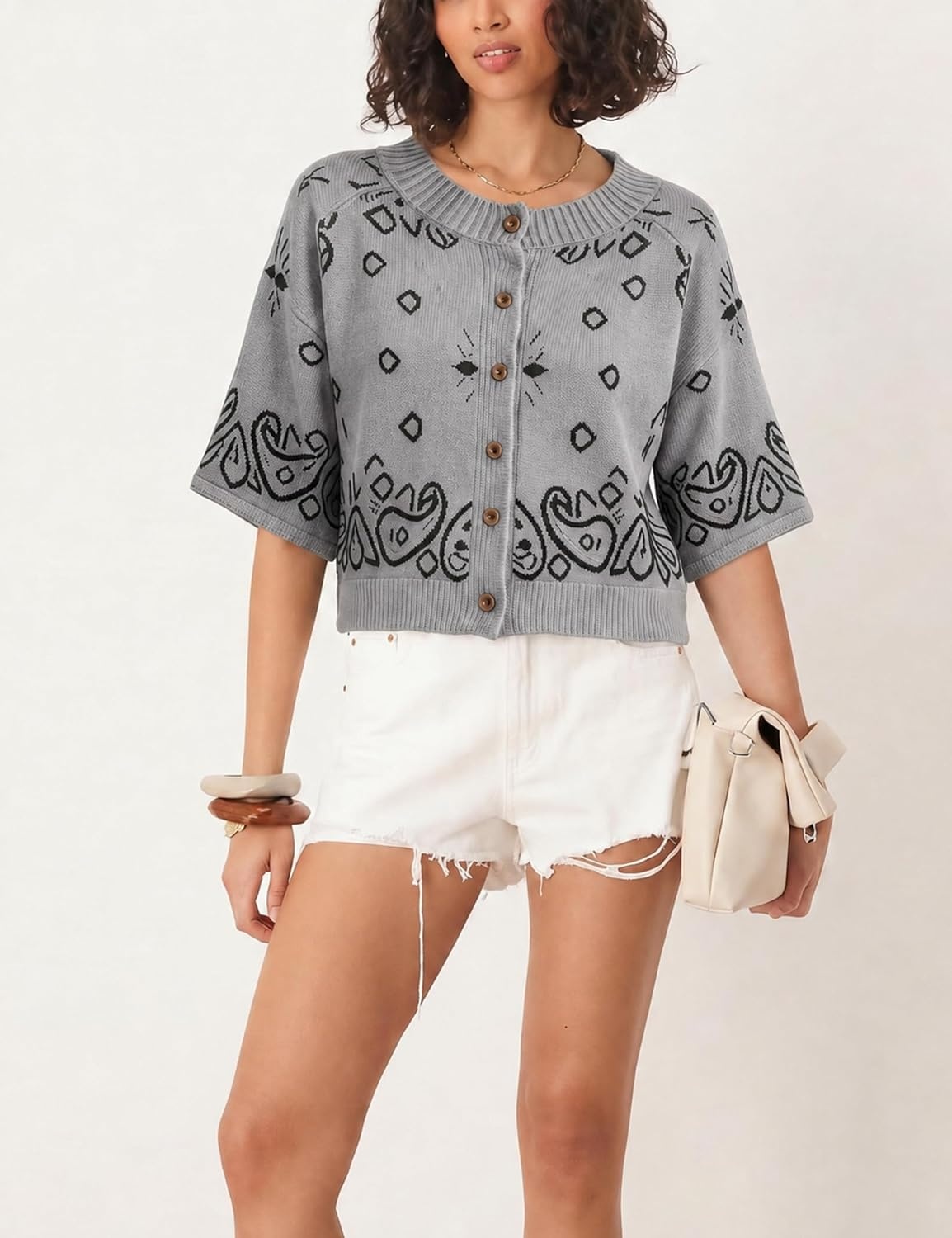 image:imageSpringrain Womens Jacquard Crewneck Knit Cardigan 34 Sleeve Fall SweaterGrey