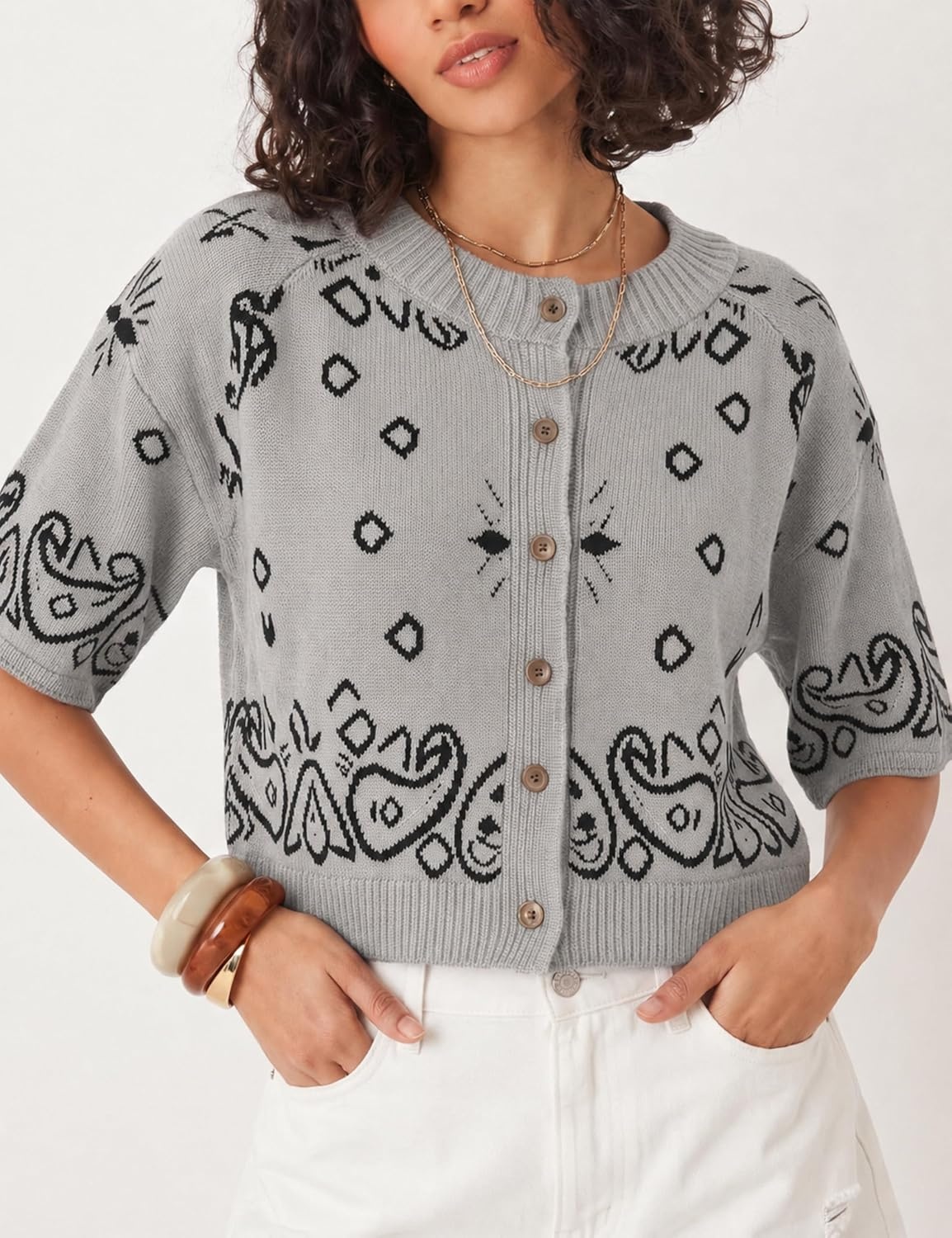 image:imageSpringrain Womens Jacquard Crewneck Knit Cardigan 34 Sleeve Fall SweaterGrey