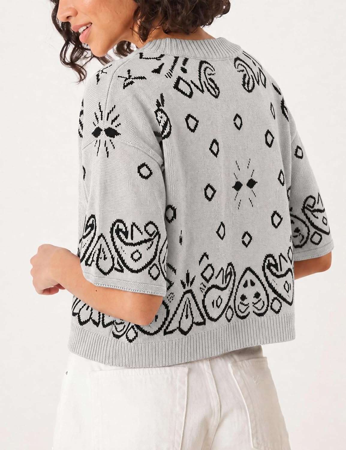 image:imageSpringrain Womens Jacquard Crewneck Knit Cardigan 34 Sleeve Fall SweaterGrey
