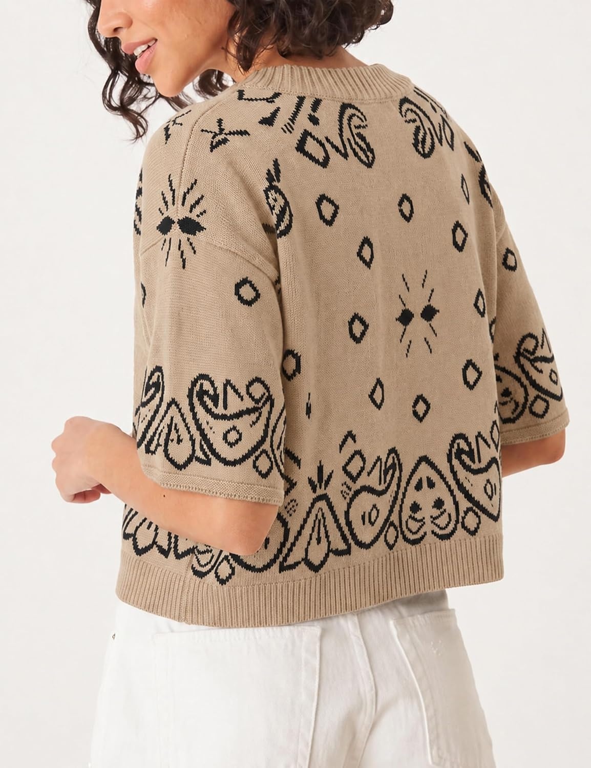 image:imageSpringrain Womens Jacquard Crewneck Knit Cardigan 34 Sleeve Fall SweaterKhaki