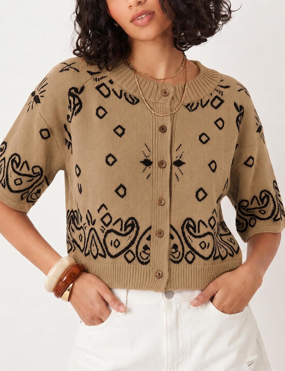 image:imageSpringrain Womens Jacquard Crewneck Knit Cardigan 34 Sleeve Fall SweaterKhaki