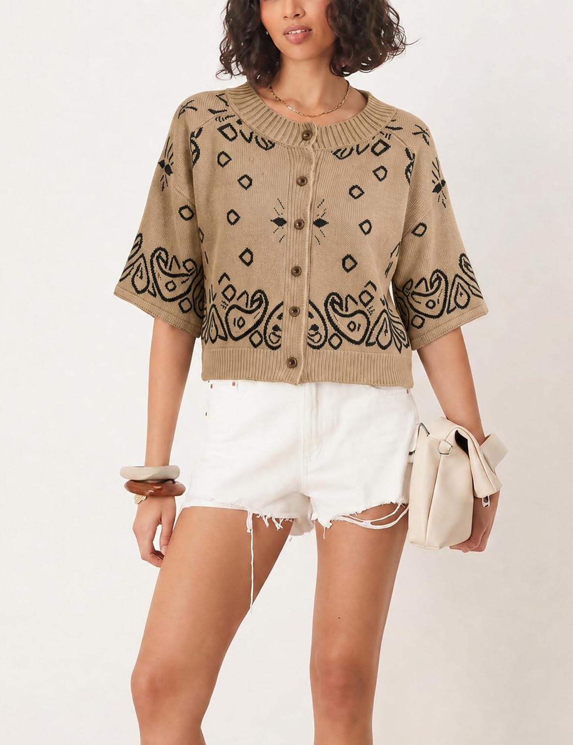 image:imageSpringrain Womens Jacquard Crewneck Knit Cardigan 34 Sleeve Fall SweaterKhaki