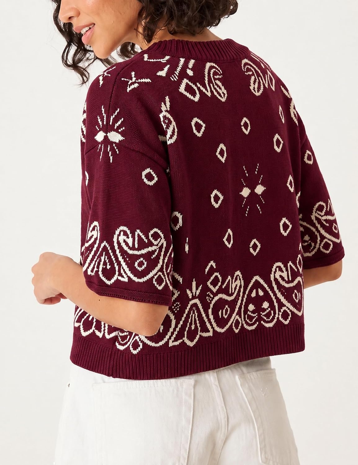 image:imageSpringrain Womens Jacquard Crewneck Knit Cardigan 34 Sleeve Fall SweaterWine