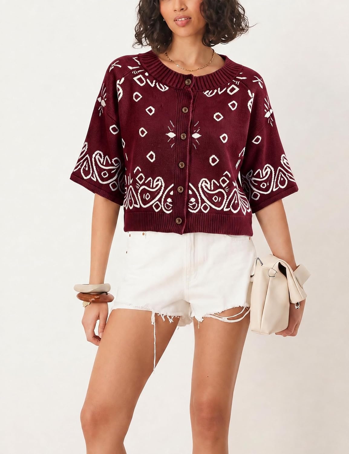 image:imageSpringrain Womens Jacquard Crewneck Knit Cardigan 34 Sleeve Fall SweaterWine