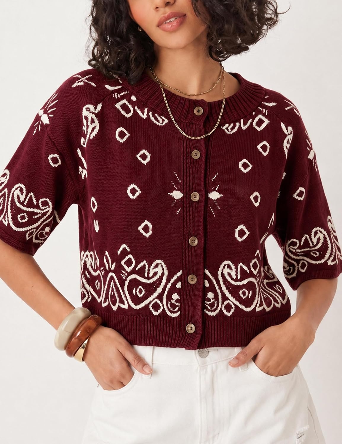 image:imageSpringrain Womens Jacquard Crewneck Knit Cardigan 34 Sleeve Fall SweaterWine