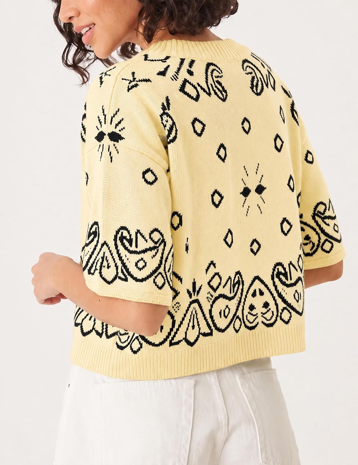 image:imageSpringrain Womens Jacquard Crewneck Knit Cardigan 34 Sleeve Fall SweaterYellow