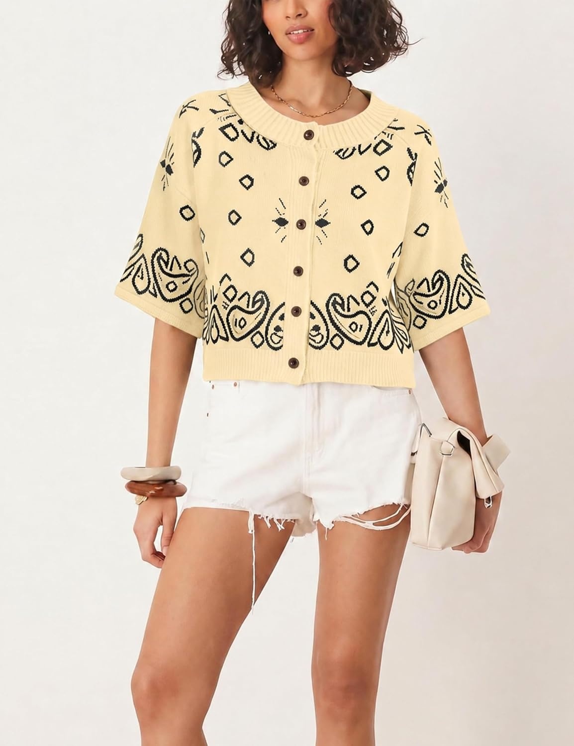 image:imageSpringrain Womens Jacquard Crewneck Knit Cardigan 34 Sleeve Fall SweaterYellow