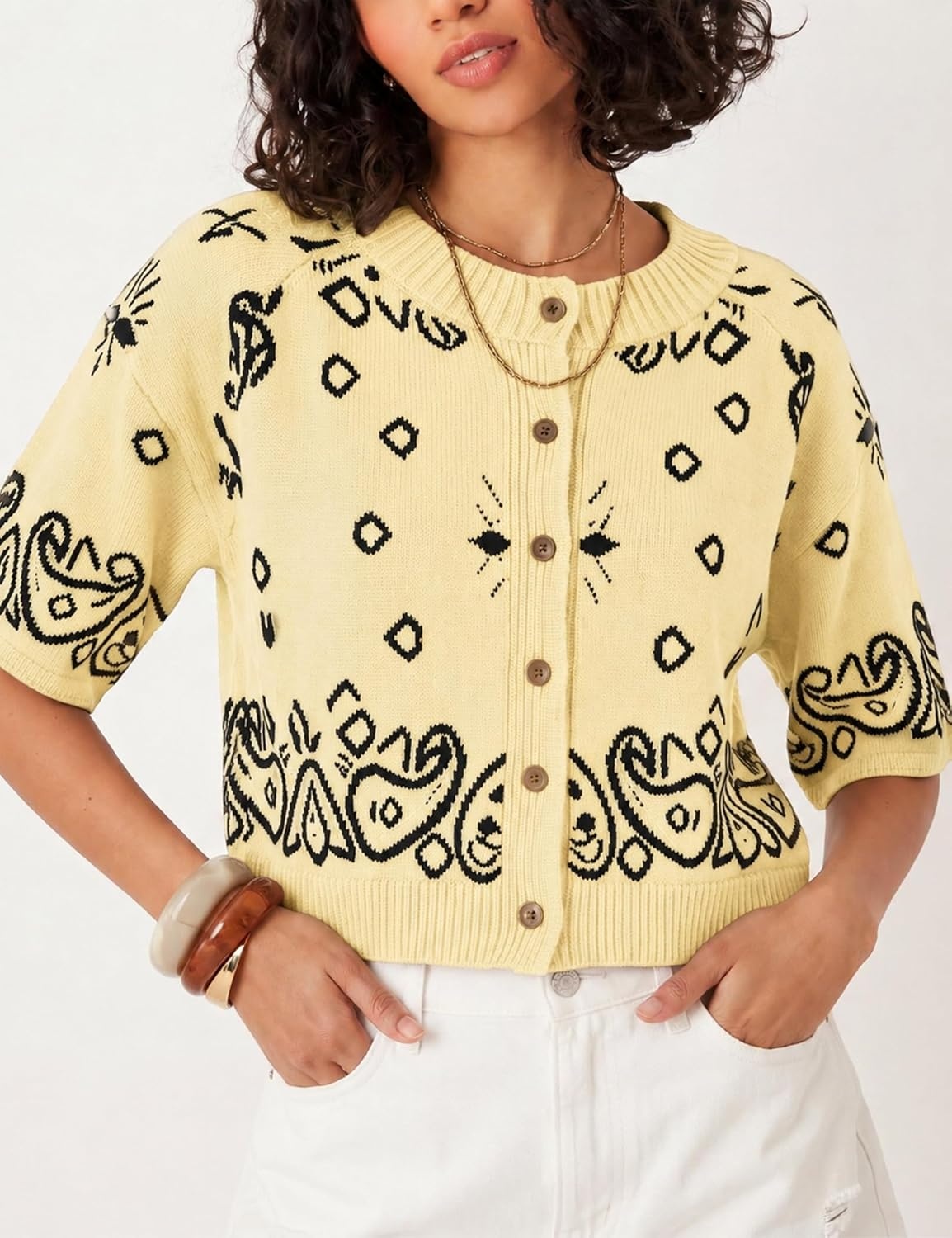 image:imageSpringrain Womens Jacquard Crewneck Knit Cardigan 34 Sleeve Fall SweaterYellow