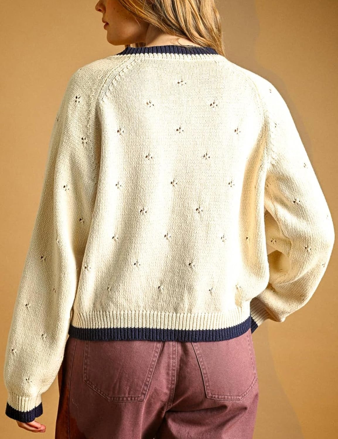 image:imageSpringrain Womens Knit Cardigan Casual Button Front Contrast Trim SweaterBeige