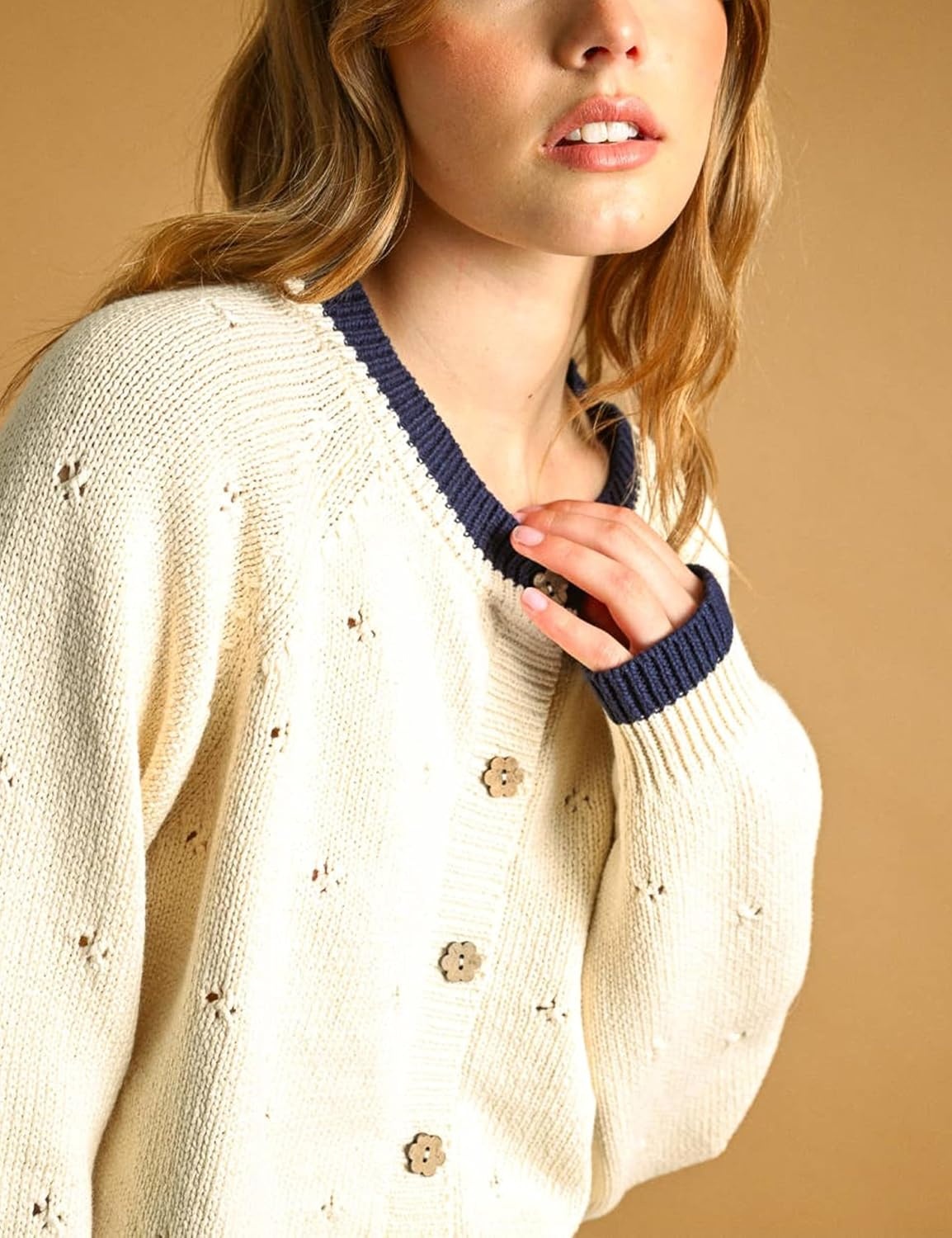 image:imageSpringrain Womens Knit Cardigan Casual Button Front Contrast Trim SweaterBeige