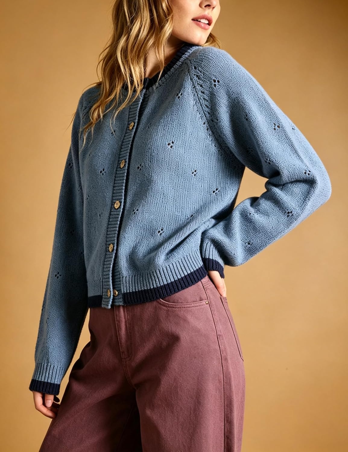image:imageSpringrain Womens Knit Cardigan Casual Button Front Contrast Trim SweaterDustyblue