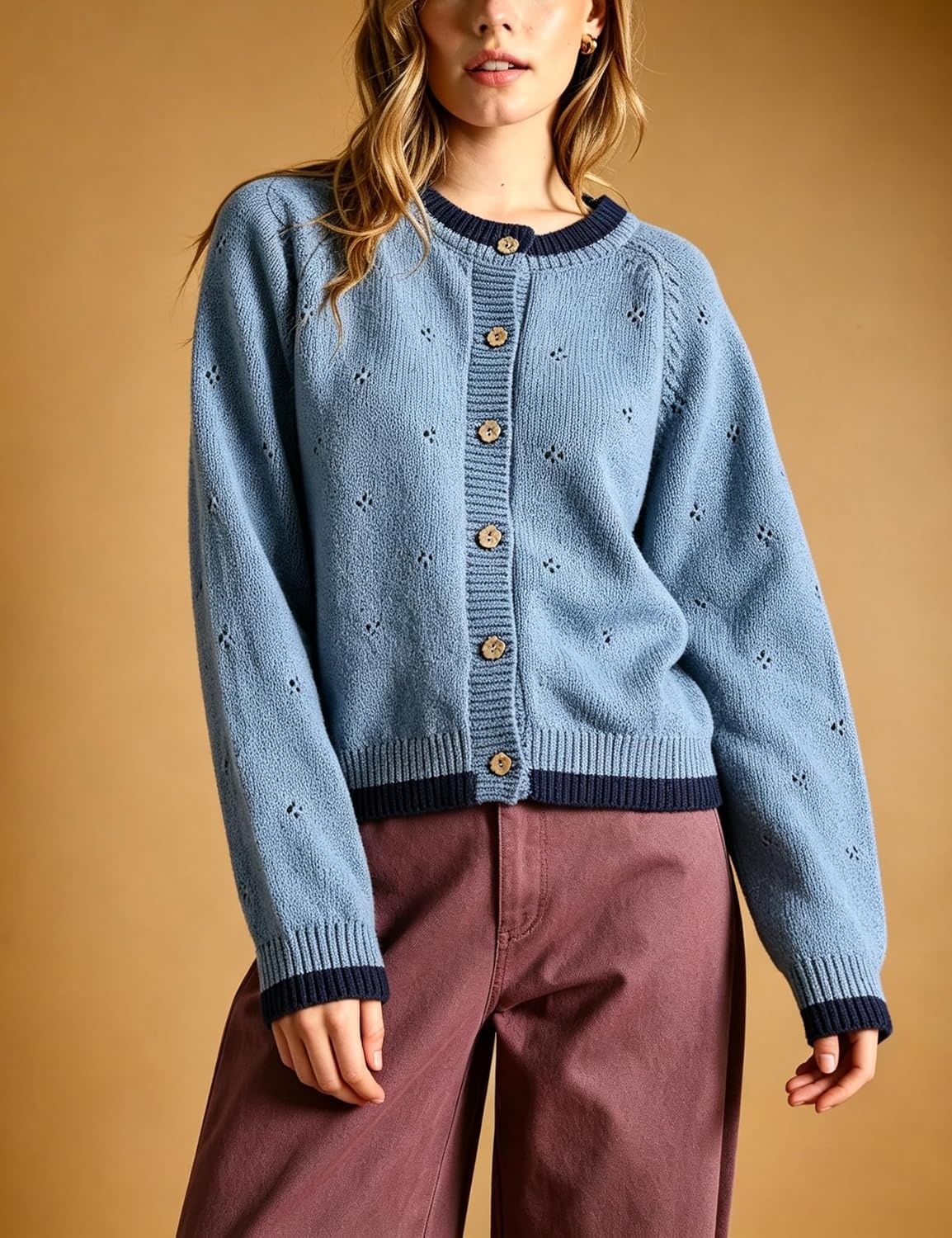 image:imageSpringrain Womens Knit Cardigan Casual Button Front Contrast Trim SweaterDustyblue