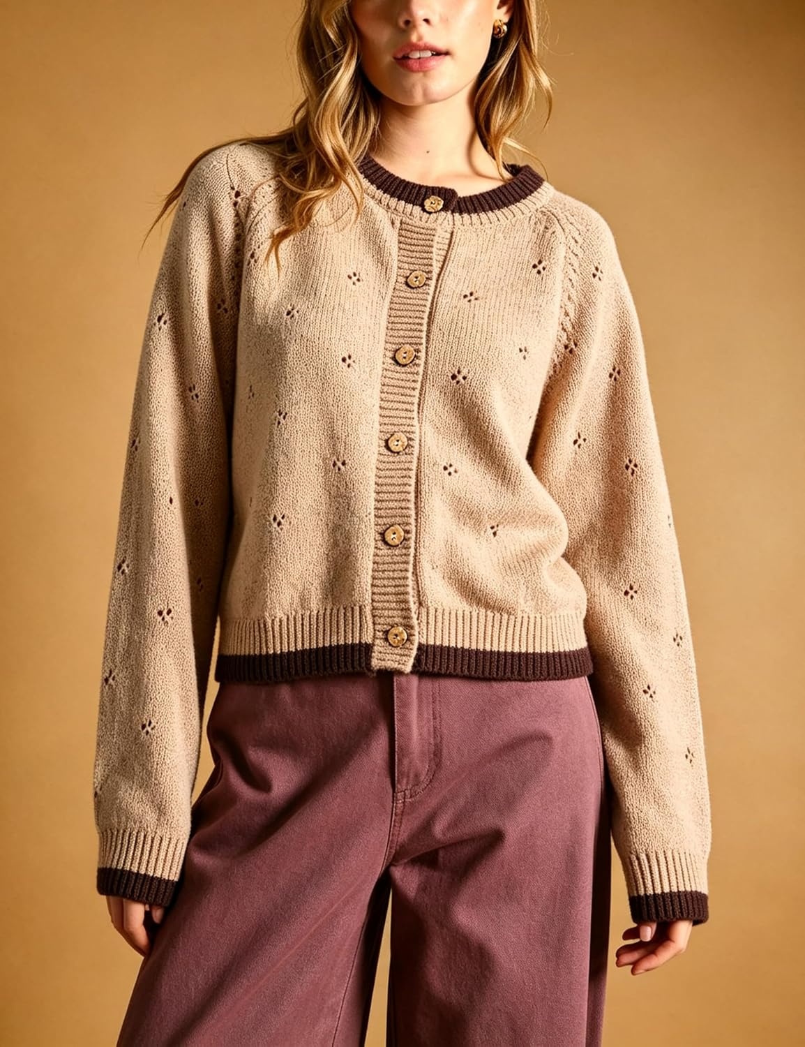image:imageSpringrain Womens Knit Cardigan Casual Button Front Contrast Trim SweaterKhaki