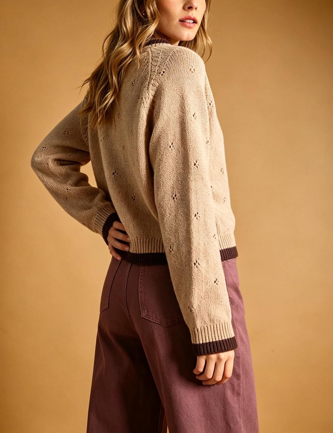 image:imageSpringrain Womens Knit Cardigan Casual Button Front Contrast Trim SweaterKhaki