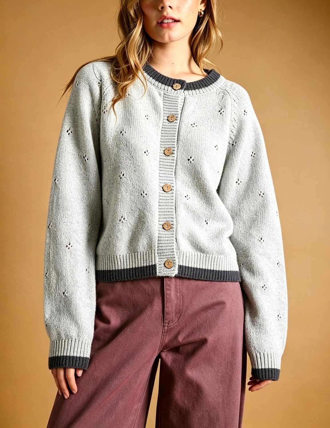 image:imageSpringrain Womens Knit Cardigan Casual Button Front Contrast Trim SweaterLightgrey