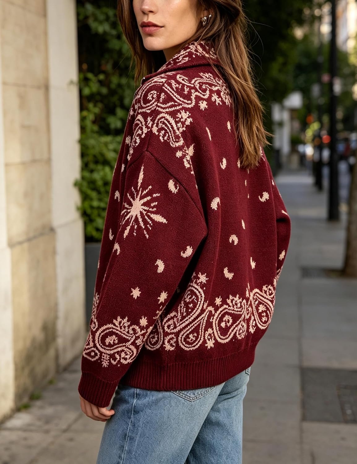 image:imageSpringrain Womens Paisley Knit Cardigan Collared Zip Up Sweater JacketBurgundy