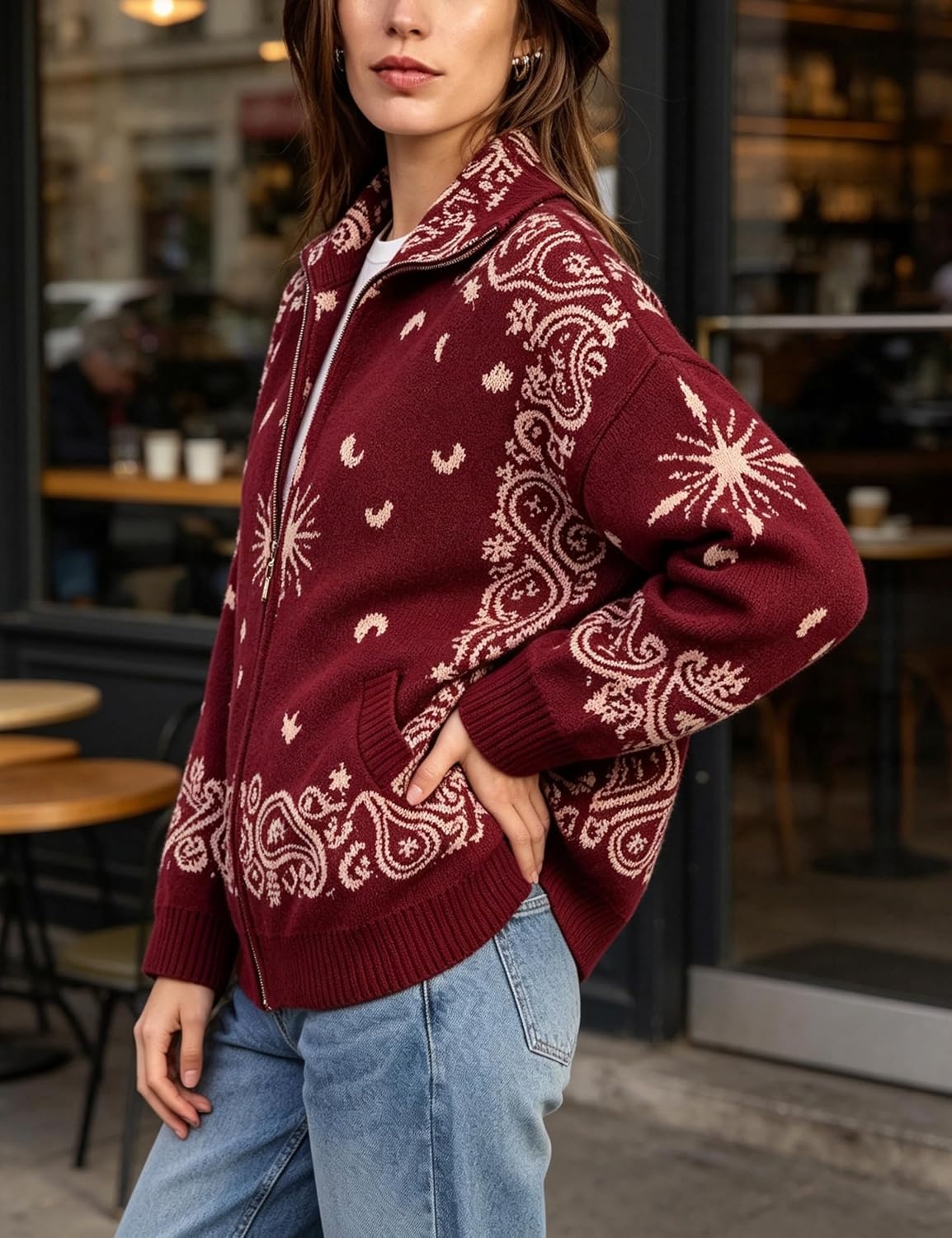 image:imageSpringrain Womens Paisley Knit Cardigan Collared Zip Up Sweater JacketBurgundy