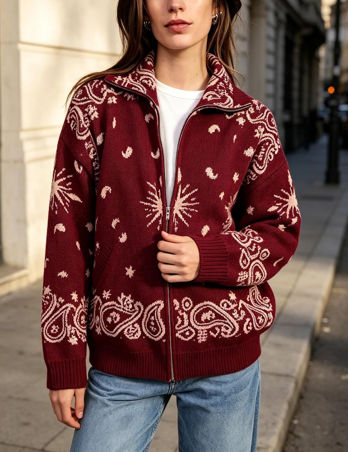 image:imageSpringrain Womens Paisley Knit Cardigan Collared Zip Up Sweater JacketBurgundy