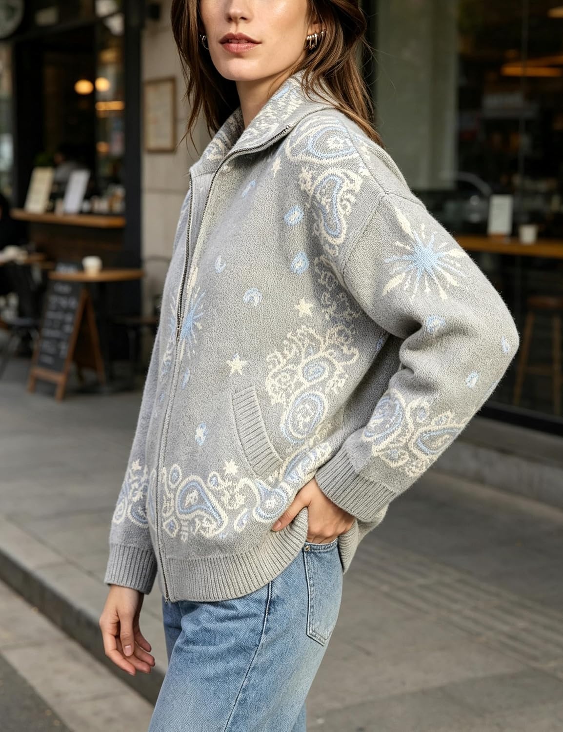 image:imageSpringrain Womens Paisley Knit Cardigan Collared Zip Up Sweater JacketLightgrey