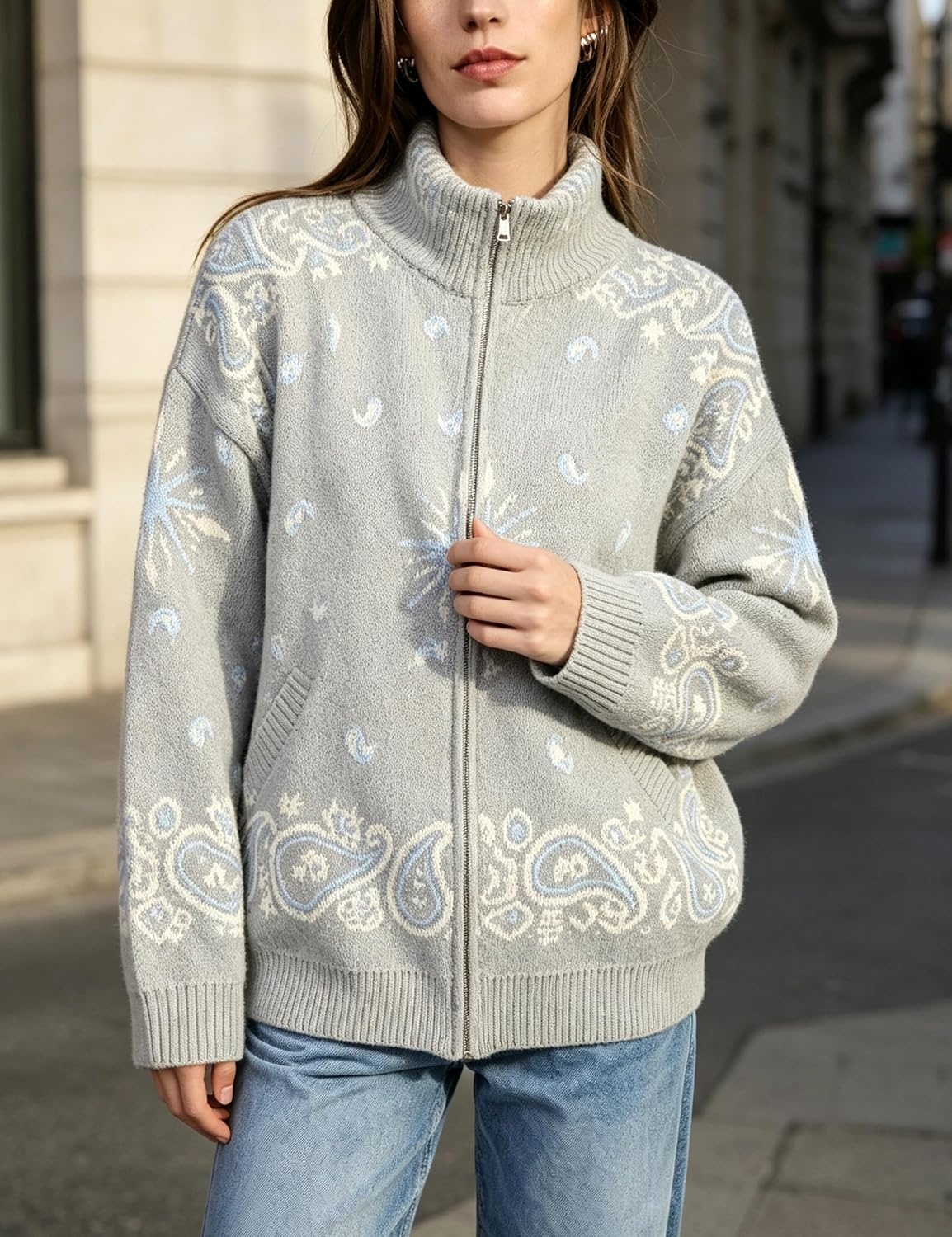 image:imageSpringrain Womens Paisley Knit Cardigan Collared Zip Up Sweater JacketLightgrey