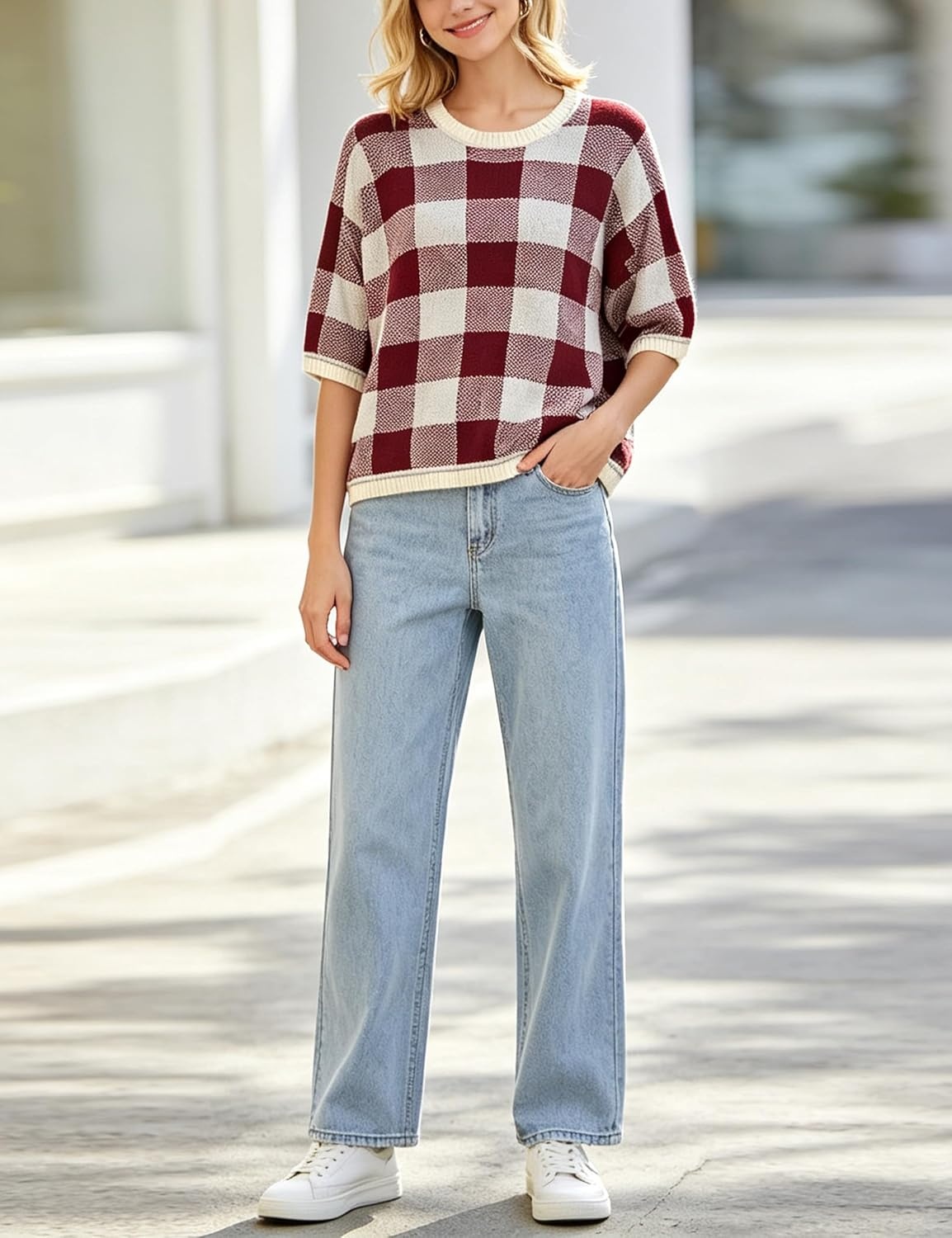 image:imageSpringrain Womens Plaid 34 Sleeve Knit Round Neck SweaterBurgundy