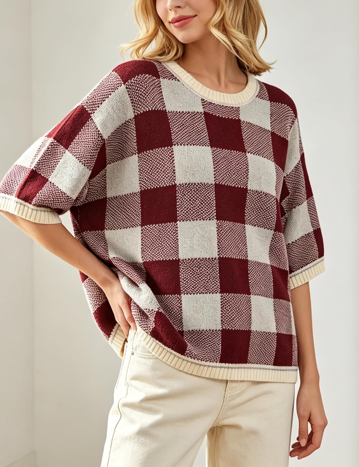 image:imageSpringrain Womens Plaid 34 Sleeve Knit Round Neck SweaterBurgundy