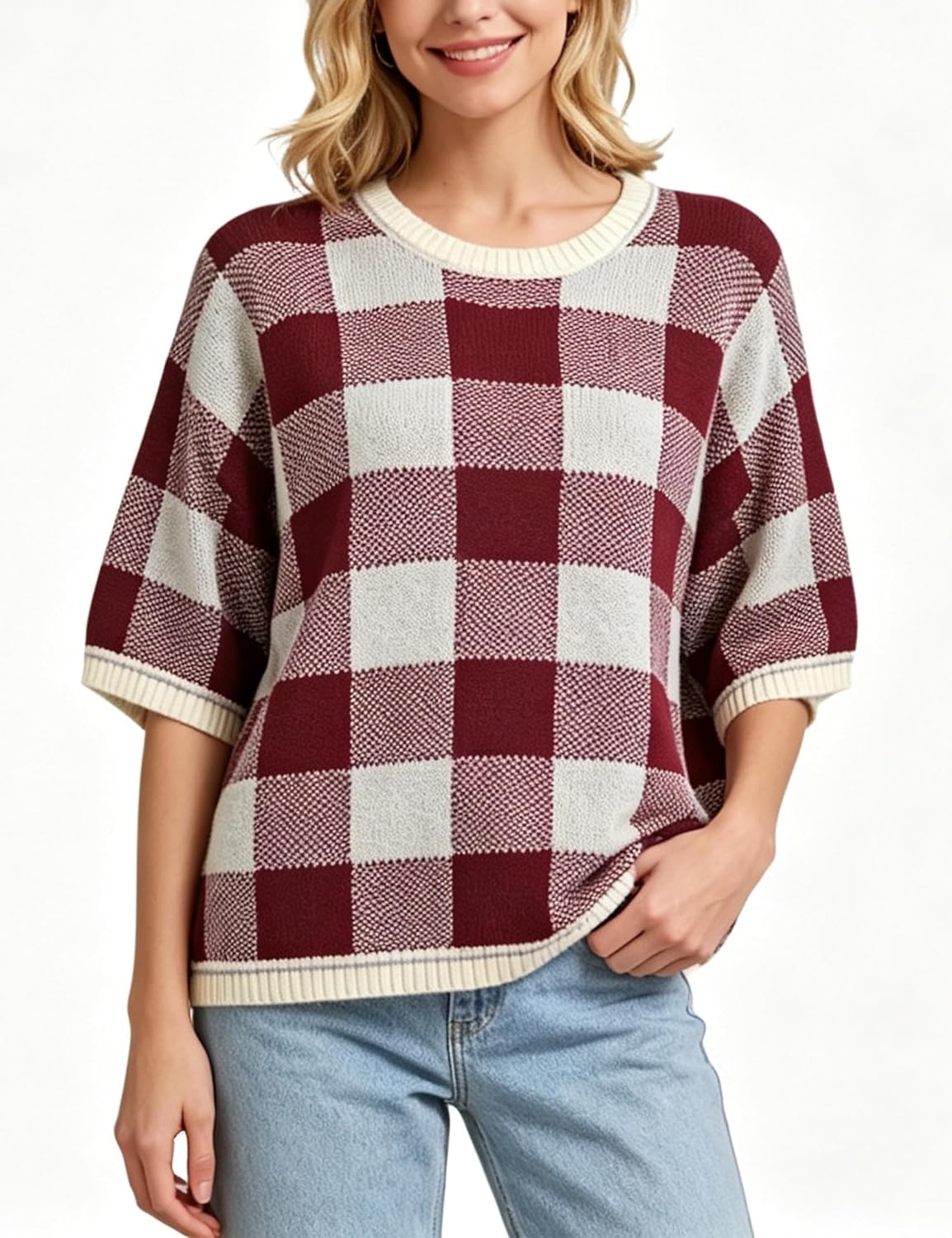 image:imageSpringrain Womens Plaid 34 Sleeve Knit Round Neck SweaterBurgundy