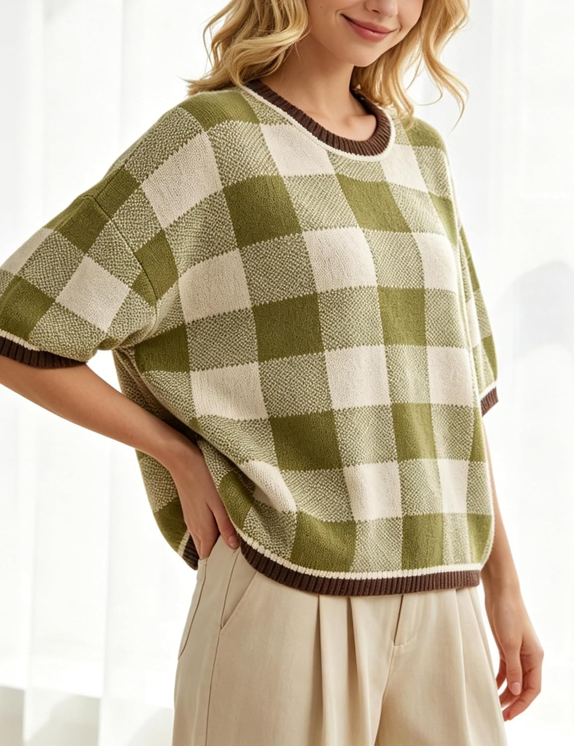 image:imageSpringrain Womens Plaid 34 Sleeve Knit Round Neck SweaterGreen