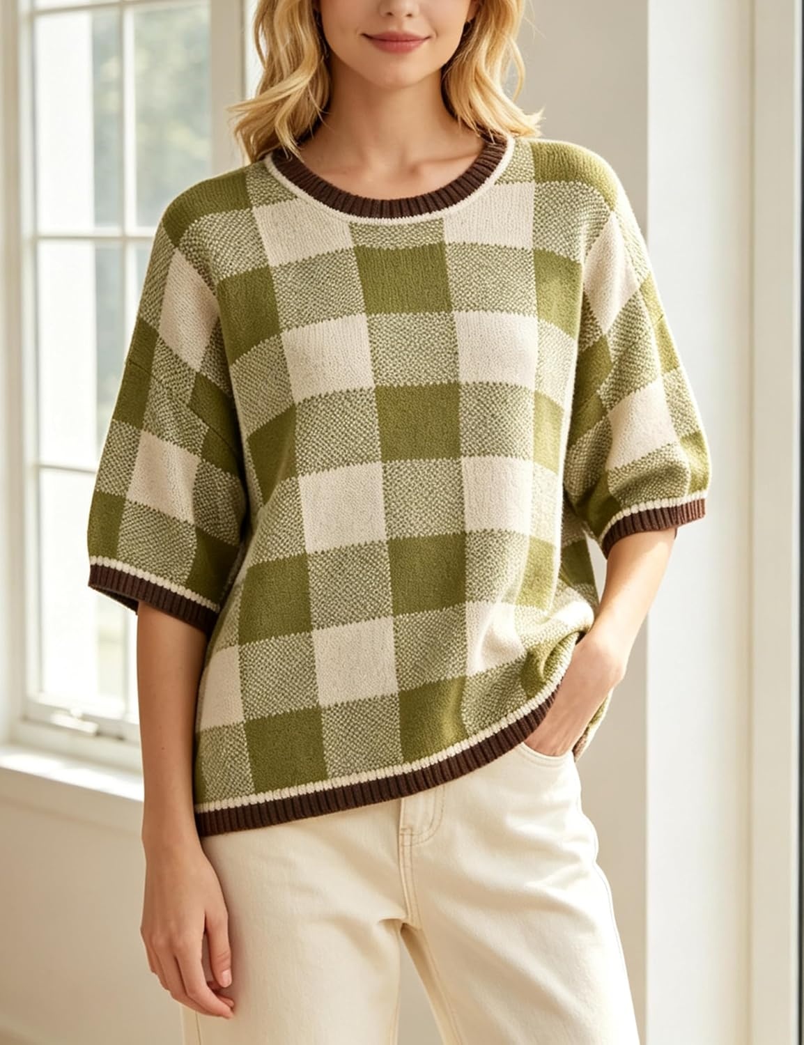 image:imageSpringrain Womens Plaid 34 Sleeve Knit Round Neck SweaterGreen