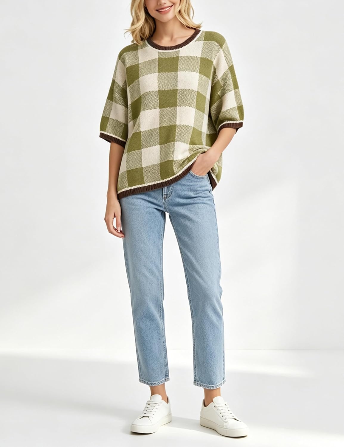 image:imageSpringrain Womens Plaid 34 Sleeve Knit Round Neck SweaterGreen